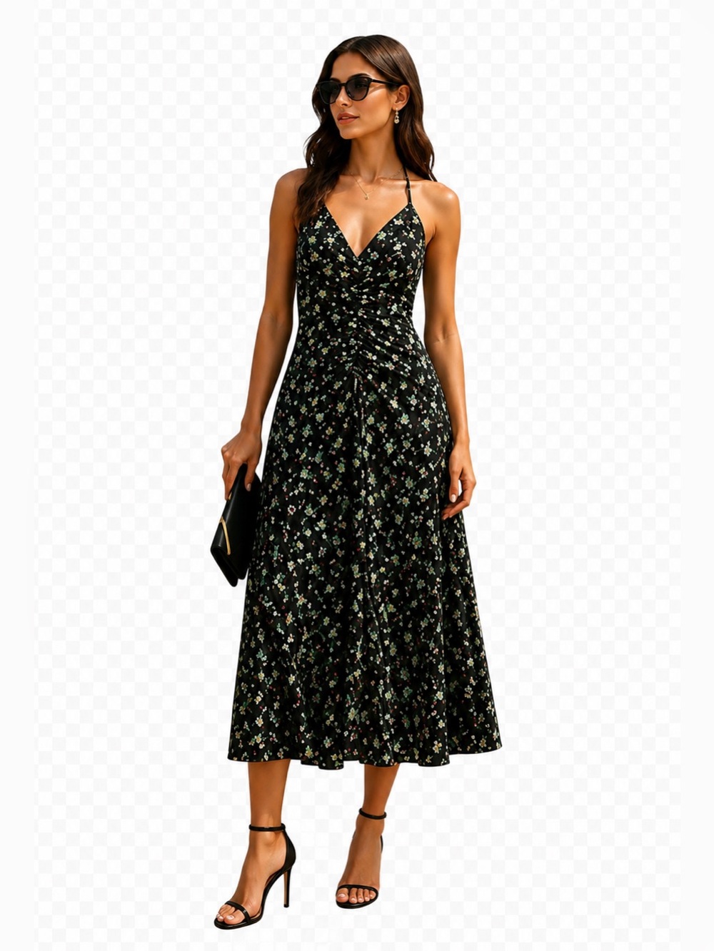 Sandro black floral print Paola ruched floral midi dress 4 evening wedding luxe - Picture 3 of 9